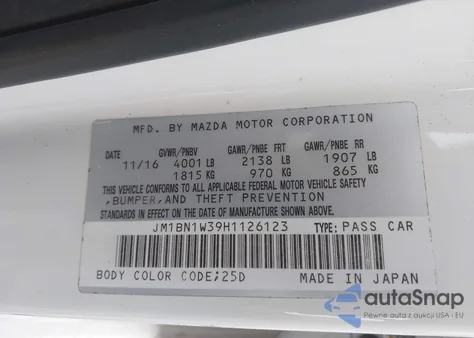 2017 Mazda Mazda3 Grand Touring z USA, uszkodzony, nr VIN JM1BN1W39H1126123